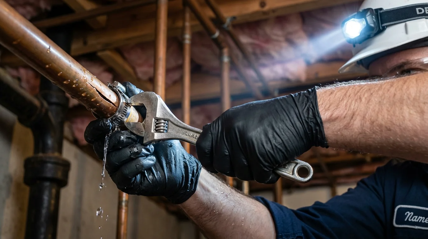 Emergency pipe clamp repair being performed by a Johns Plumbing LLC plumber in Hudson