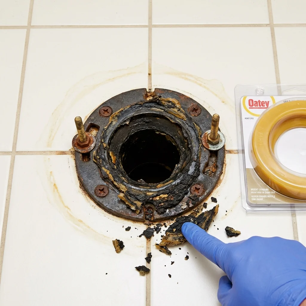Failed wax ring showing water seepage at the base of a toilet in a Hudson, CO home