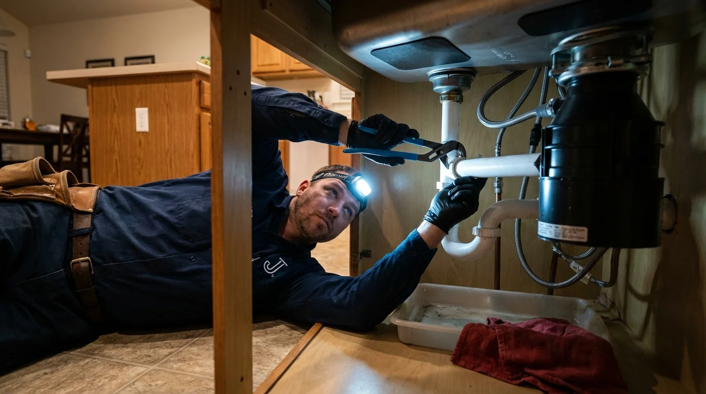 P-trap and supply line connections under a kitchen sink showing a common leak point in Hudson, CO